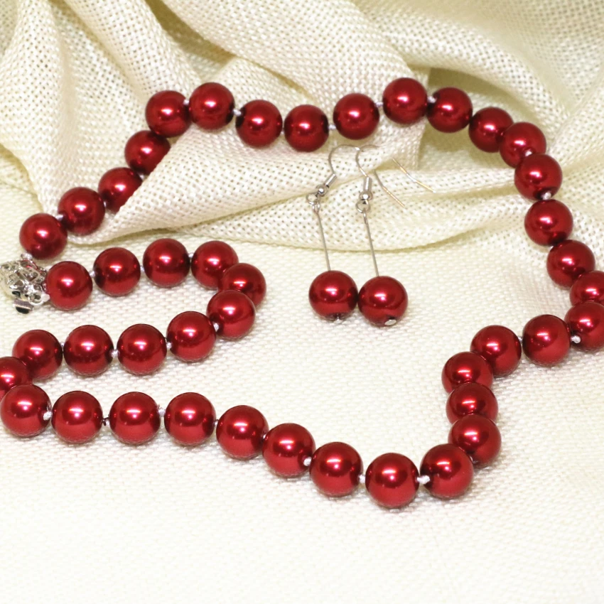 

New Design10mm charms dark red imitation pearl shell round beads necklace earrings for women bride jewelry set 18inch B2343