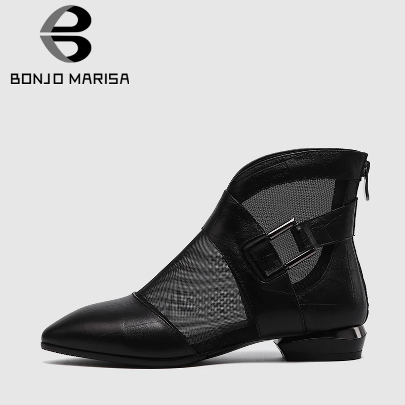 

BONJOMARISA Mature Black Summer Mesh Sandals Women 2019 Genuine Cow Leather Large Size 33-42 Low Heels Breathable Summer Shoes