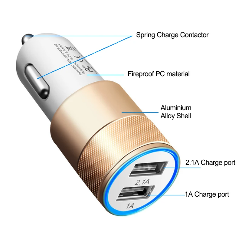 Быстрая зарядка алюминиевое автомобильное зарядное устройство для мобильного телефона универсальное автомобильное зарядное устройство с двумя портами USB для iPhone samsung Xiaomi