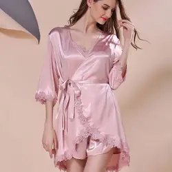 Весенние элегантные женские шелковые атласные пижамы комплект из 3 предметов халат атлас Ночная Рубашка домашняя одежда Femme Пижама с