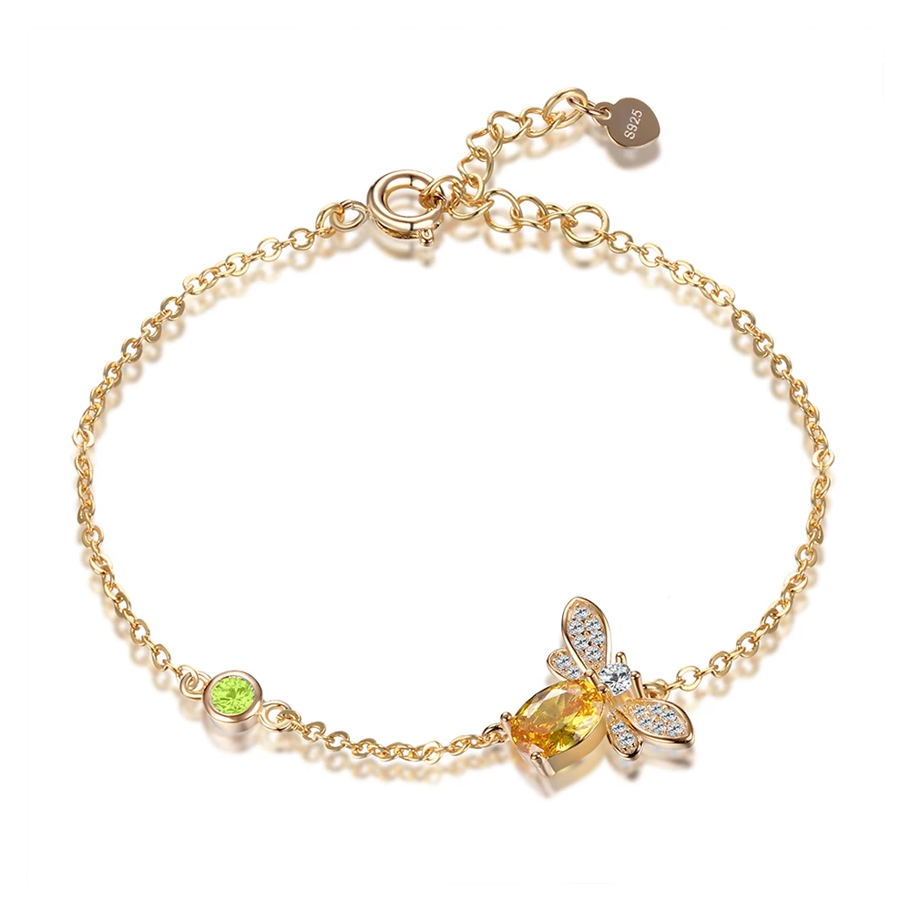 

Charm Bracelet for Women Sterling Silver 925 Fine Jewelry Unique Design Butterfly Bee Gold Natural Citrine With Clear Zircon