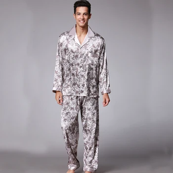 

PS003 Autumn Spring Full Sleeves Pajamas Male Satin Silk 2 Pieces Pajama Sets Printed Men Pyjama Soft Silky Sleepwear Nightwear