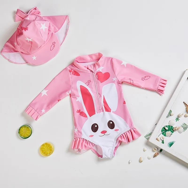 

Girls Swimwear Bathing Suits Baby Swimsuit Long Sleeves Summer 2PCS Girls Bikini Lovely Child Swimsuit Beachwear+Sunscreen Hat