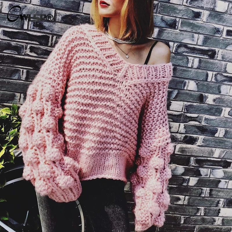 CWLSP 2018 High Quality V Neck Sweater For Women Loose Knit Pullover Off Shoulder Lantern Sleeve Pull Femme Coat Autumn QZ3108
