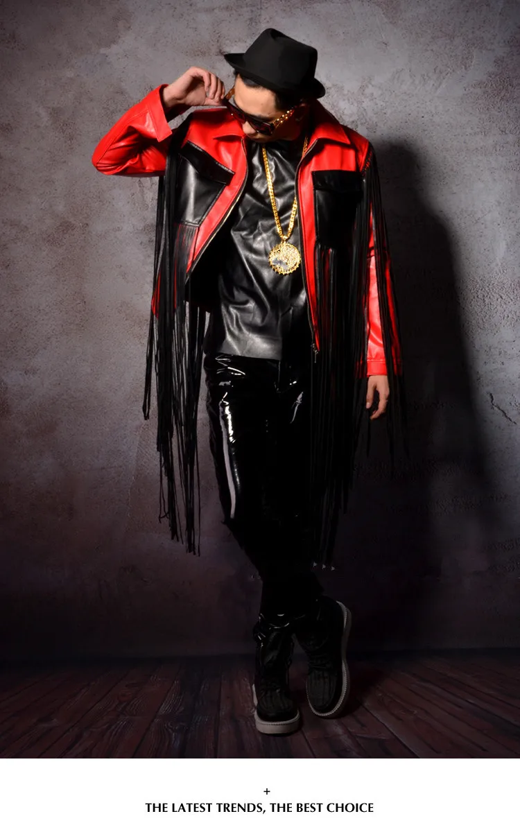 Искусственная Кожа Мужская куртка Пальто ночной клуб бар DJ DS сценические костюмы Красный Черный кисточки кожаная верхняя одежда Блейзер Рок Джаз шоу одежда