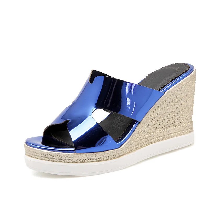 

B2-7 Size 33-43 Ladies Patent Leather Platform Slippers Female Summer Slides Woman Wedges Shoes Women Comfort Leisure Daily Shoe