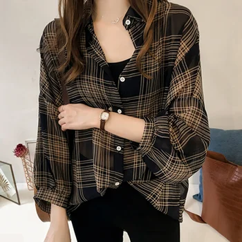 

Batwing Sleeve Chiffon Blouses Chic Plaid Shirts Women Autumn Casual Chemise Femme Tops Tartan Blusas Mujer Plus Size