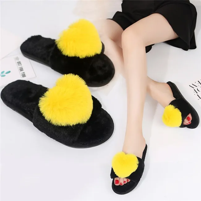 

PXELENA Heart Shaped Sweet Winter Fur Slippers Women Shoes Plush Furry Cotton Slides Warm Home Indoor Floor Slipper Female 36-41