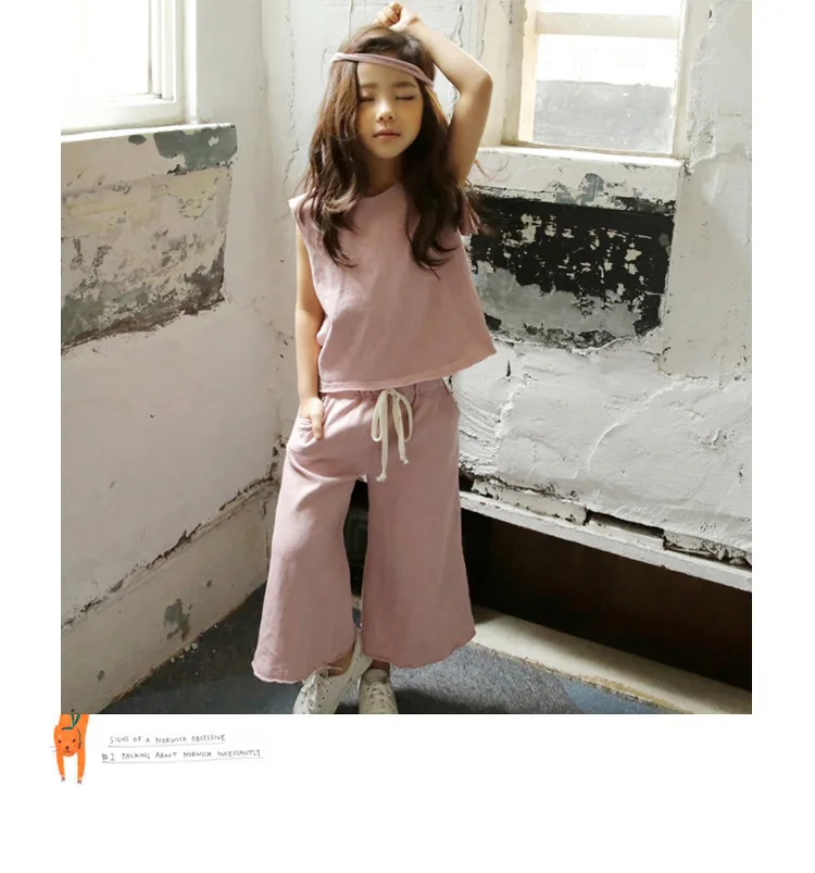 Casual Kids Clothes Suit For Teenage Girls Clothing set 2019 Summer Solid Vest Tshirt Pants 2-piece Soft Cotton Children Outfits (16)