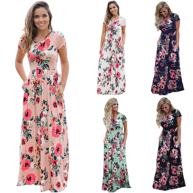 15 Style Short Sleeve Print Floral Pink Big Flower Long Maxi Dress Women Plus Size XXXL Boho Bohemian Ladies Summer Beach Dress