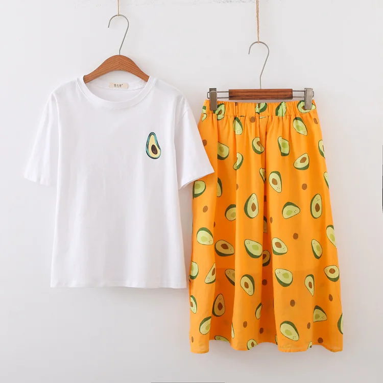 Merry Pretty Summer New 2 Piece Sets Woman Avocado Green Cotton T-shirt+A-line Long Skirt Set Casual Women Clothing Sets - Цвет: Белый