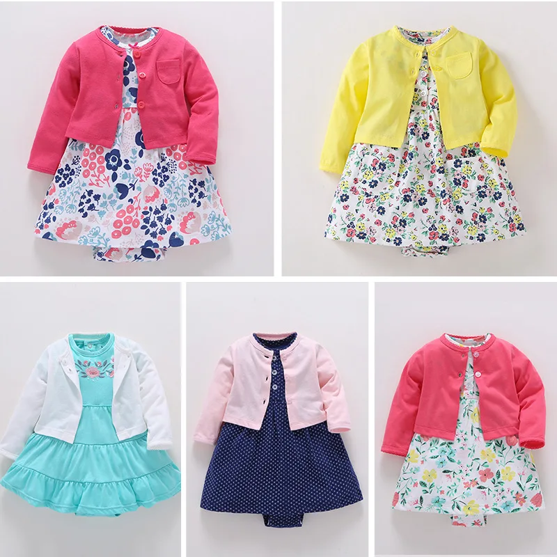 

2019 Summer Newborn Infant Girls Clothing Set Cotton Baby Bodysuit Dress Long-Sleeved Coat+Short SLeeve Dress 2 Pieces Sets