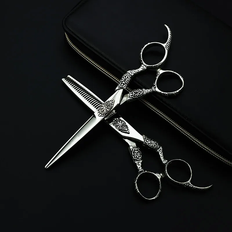 

Purple Dragon Professional Hairdressing Scissors 6 inch Retro Hollow Engraving Hair Clippers Cutting / Thinning Barber Supplies