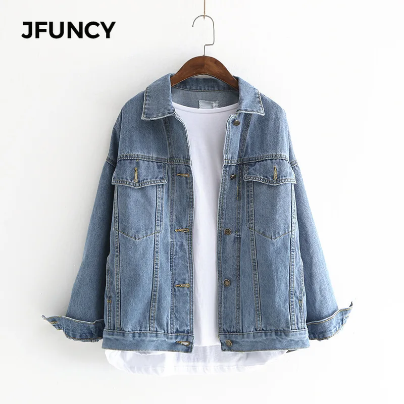 

JFUNCY Women Denim Short Jacket 2019 Spring Streetwear Female Coat Blue Long Sleeve Turn Down Collar soild Denim Jackets Outwear