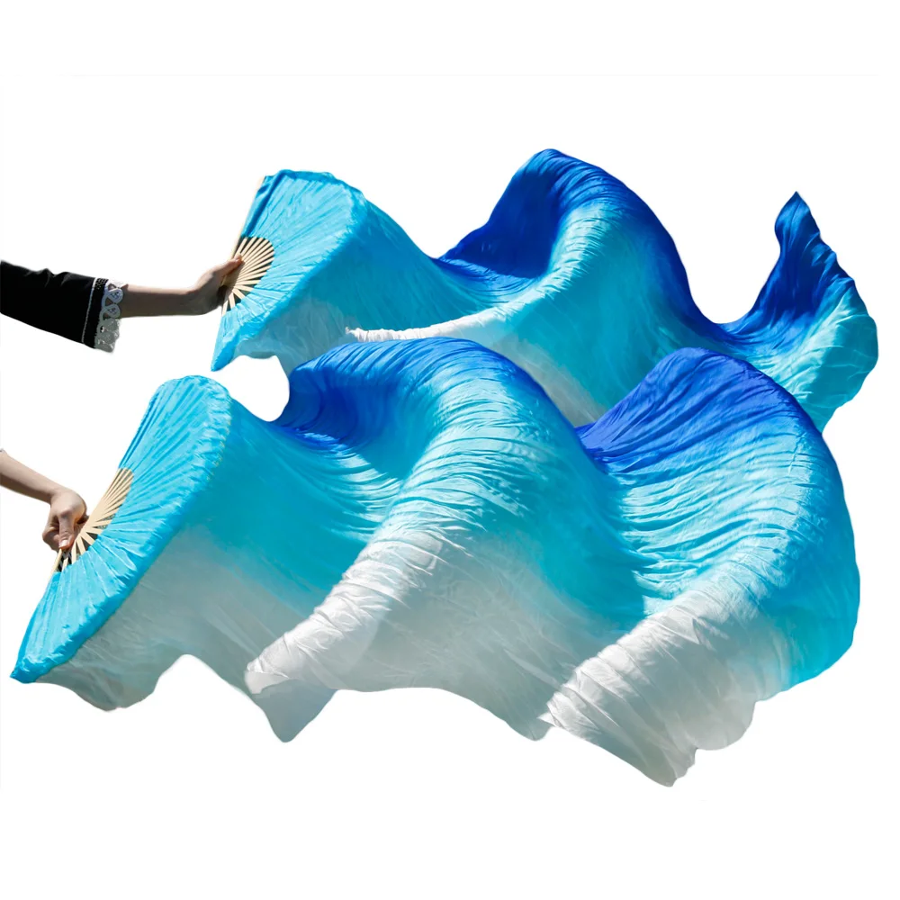 

100% Silk Belly Dance Fans 1Pair Belly Dance Performance Props Fans 180x90cm Vertical Stripes Royal blue+Turquoise+White Fans