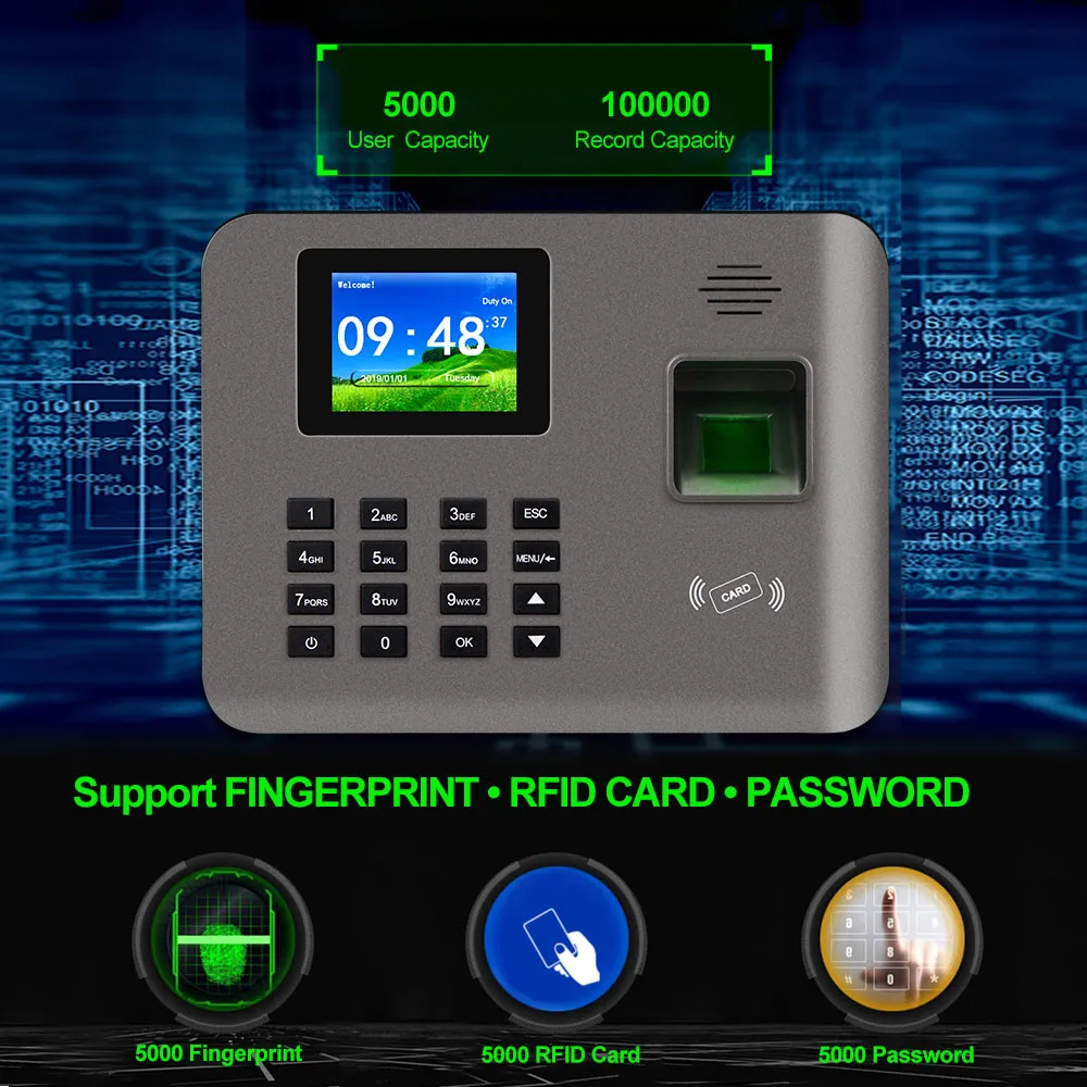 Realand 24 pulgadas TCP/IP/USB biométrico huella dactilar tiempo asistencia máquina RFID tarjeta as