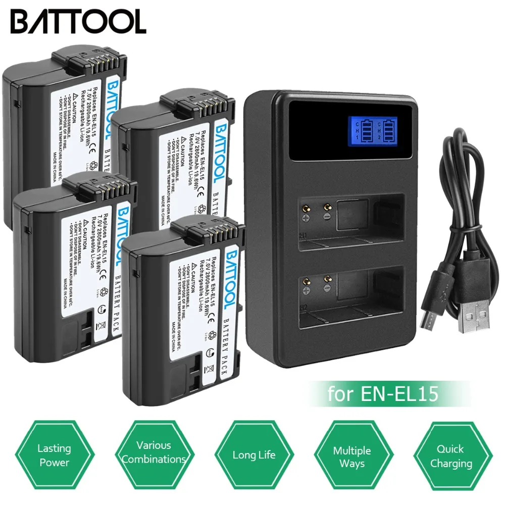 

BATTOOL for Nikon 7.2V 2800mAh EN-EL15 EN EL15 ENEL15 DSLR D600 D610 D800 D800E D810 D7000 D7100 D7200 V1 Battery + Charger