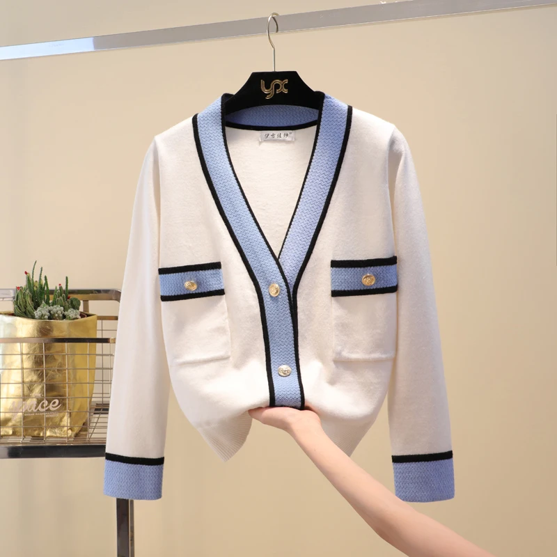 

Autumn Cardigans Coat Women Color Matching Knitted Shirt New V-neck Knitted Cardigans Girls Lady Short Pocket Sweater Jacket