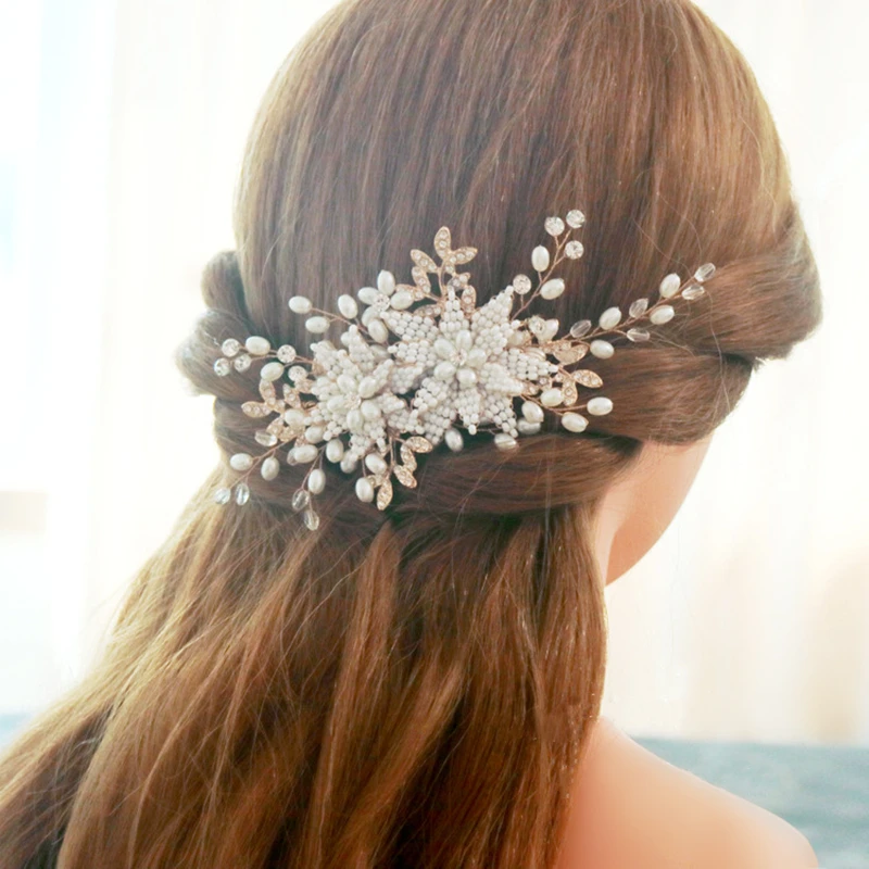 Buy Korean gold handmade crystal bead hair combs