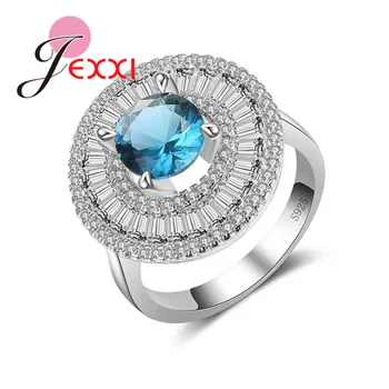 

925 Sterling Silver Wedding Jewelry Shiny Light Blue Cubic Zirconia CZ Crystal Finger Ring for Women Girls Anillo Bijoux