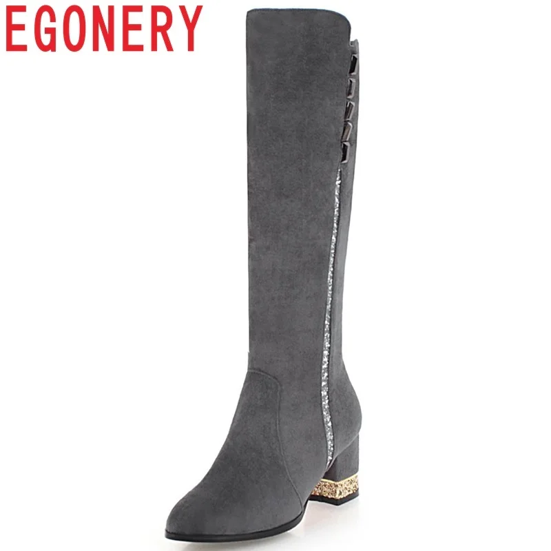 

EGONERY winter new fashion pointed toe zipper high square heel flock shoes women bling solid large size ladies knee high boots
