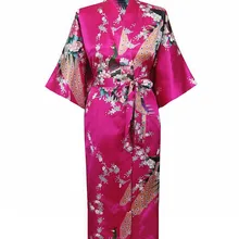 Плюс Размеры ярко-розовый Женский Ночное платье Горячая Распродажа Женская ночнушка из искусственного шелка кимоно Банный халат; сезон лето одежда для сна с рисунком павлина S M L XL XXL XXXL S0034