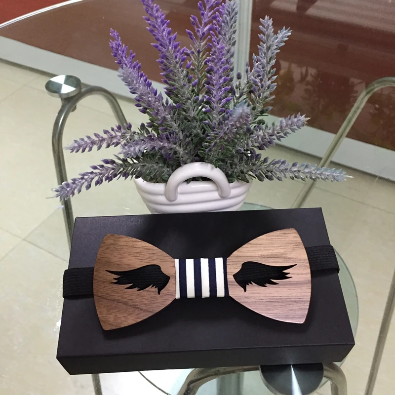 

Fly Wings Engrave Good Handmade Wood Bow Tie with blue stripe For Men Christmas' Wood Bowties