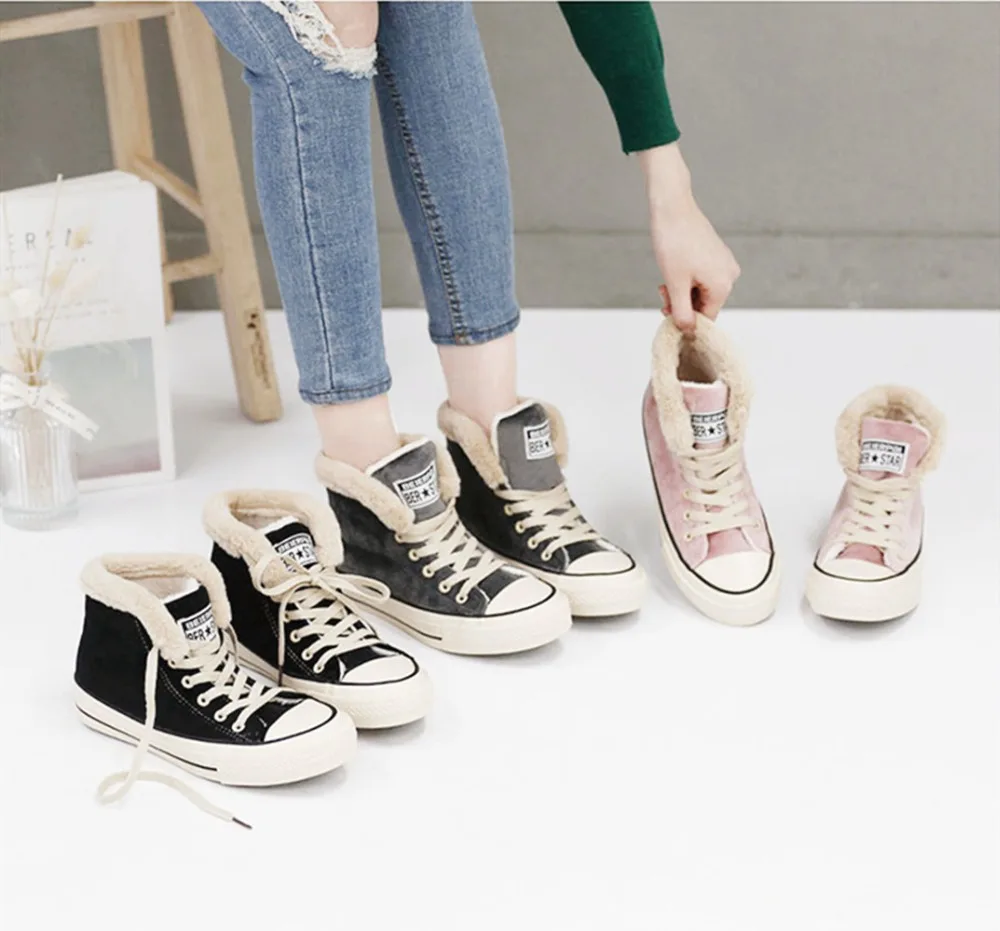 

Huibu Women Girl's Fashion Sneakers Fur Lined Flat Lace-Up High Top Shoes