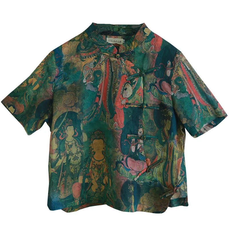 LZJN Summer Blouses Women 2019 Short Sleeve Chinese Style Women Shirts Short Buddha Printed Cheongsam Zen Tops (16)