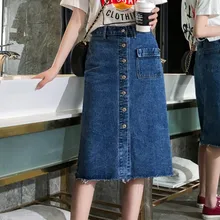 Pocket Decoration Single-breasted High Waist Women Denim Skirt Summer Spring Korean Style A-line Plus Size Ladies Mid-calf Skirt Pocket Decoration Single-breasted High Waist Women Denim Skirt Summer Spring Korean Style A-line Plus Size Ladies Mid-calf Skirt