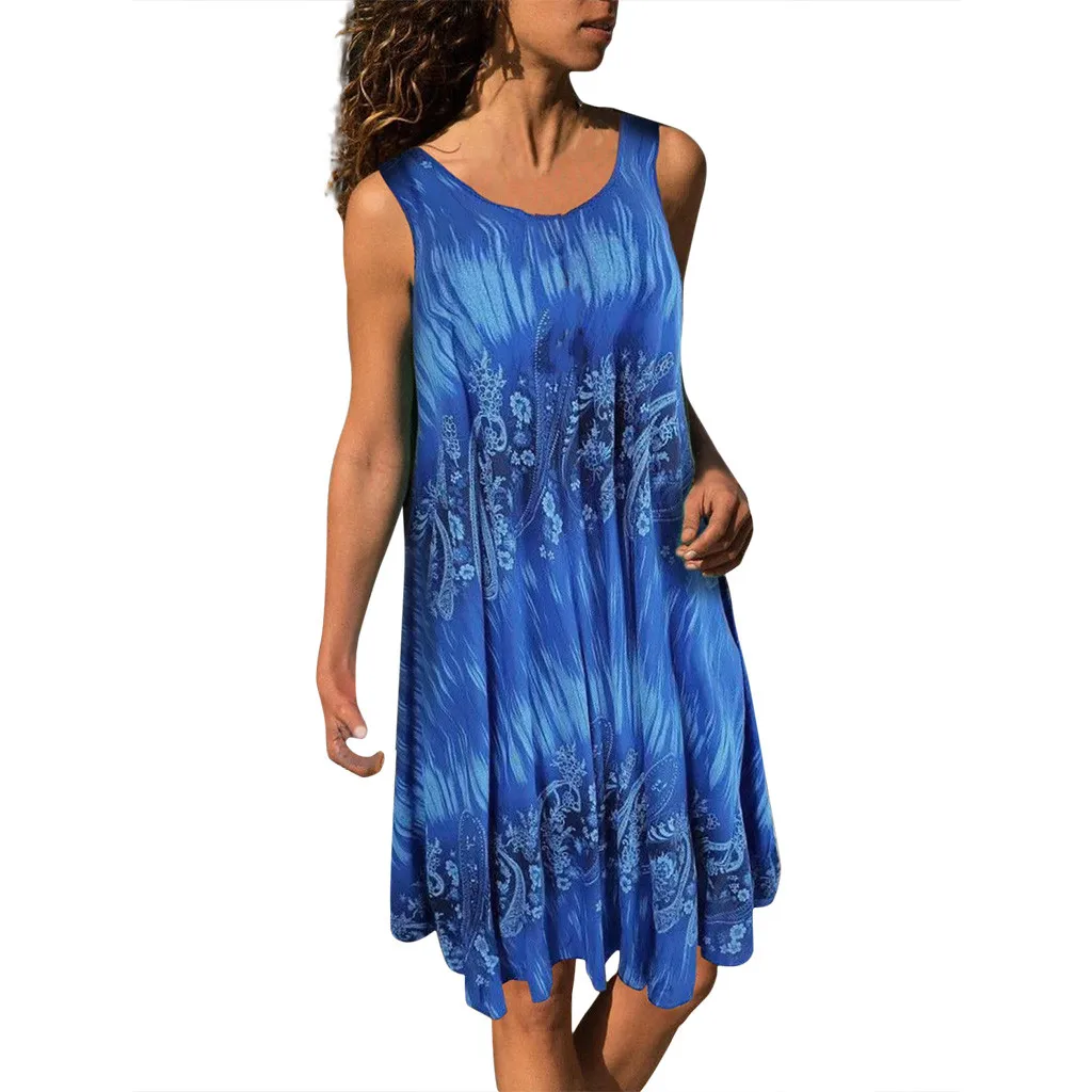

Womens Plus Size O-Neck Printing Sleeveless Vest Easy Midi Dress Fashion A-Line Off Shoulder Summer Plus Size Dress G0522#20