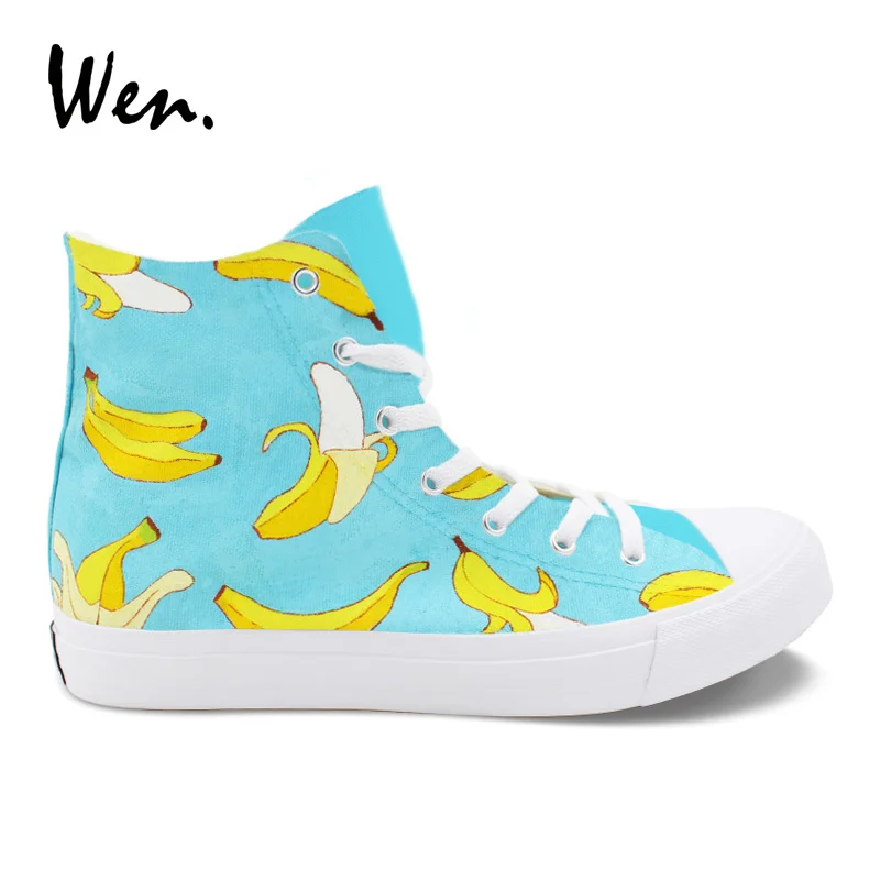 Wen Vulcanize Shoes Bananas Fruit Design Sneakers Hand Painted Canvas Shoes Men Women Top Trainers Pedal Platform Laced Flat