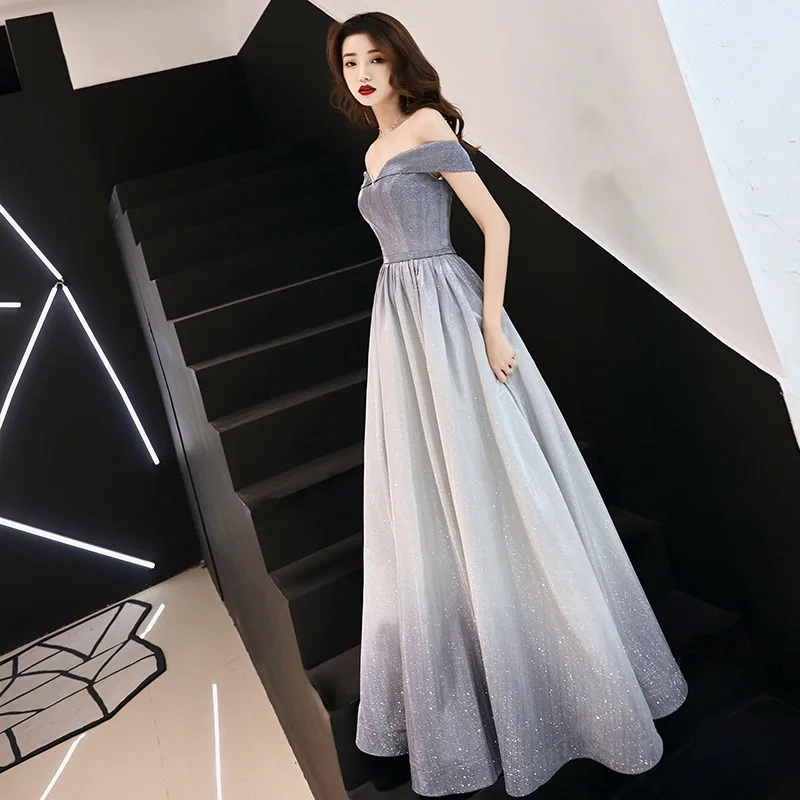

2019 Gradient Color Boat Neck Evening Dresses Long Floor Length Chiffon Formal Evening Party Dress for Women