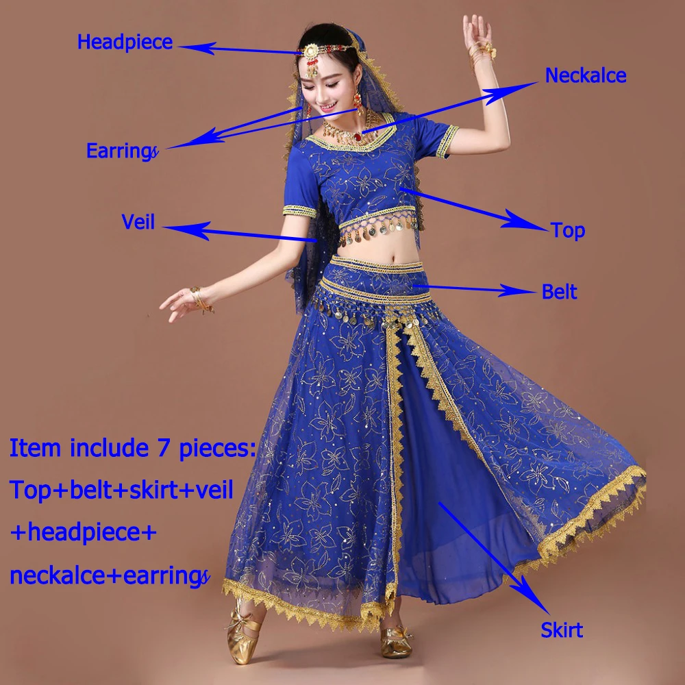 Indian Bollywood Dance Costume Set for Women and Children - 7 Piece Sari Belly Dancewear Outfit image 5