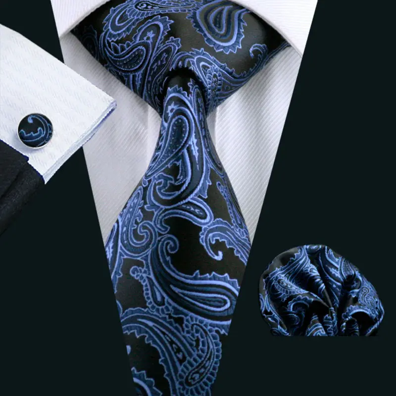 Novelty Blue Striped Paisley Men's Tie Silk Necktie Set Hanky Cuff links Wedding 