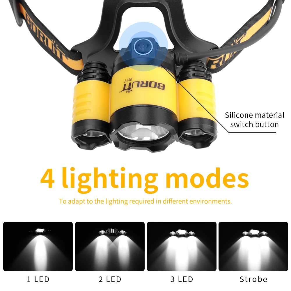 BORUiT яркий XM-L2 светодиодный фонарик с функцией памяти SOS свисток Водонепроницаемый Кемпинг Охота Рыбалка Фонарь, налобный фонарь