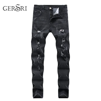 

Gersri Summer Ripped Jeans Pants Biker Slim Straight Hip Hop Frayed Denim Trousers New Fashion Skinny Jeans Black Color Big Size