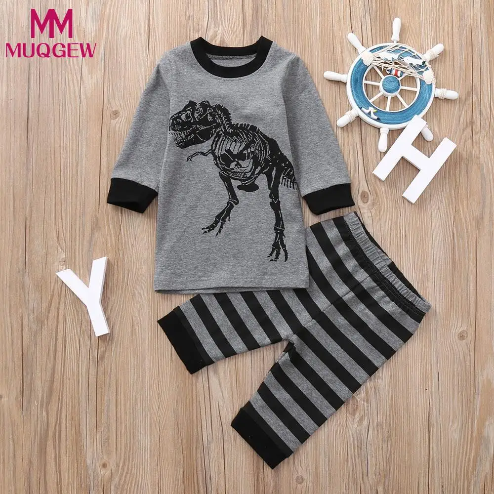 

MUQGEW Baby girls boys set suit Autumn Newborn Baby Dinosaur Bone Striped Print Tops T-shirt+Pants Set Outfits Clothes