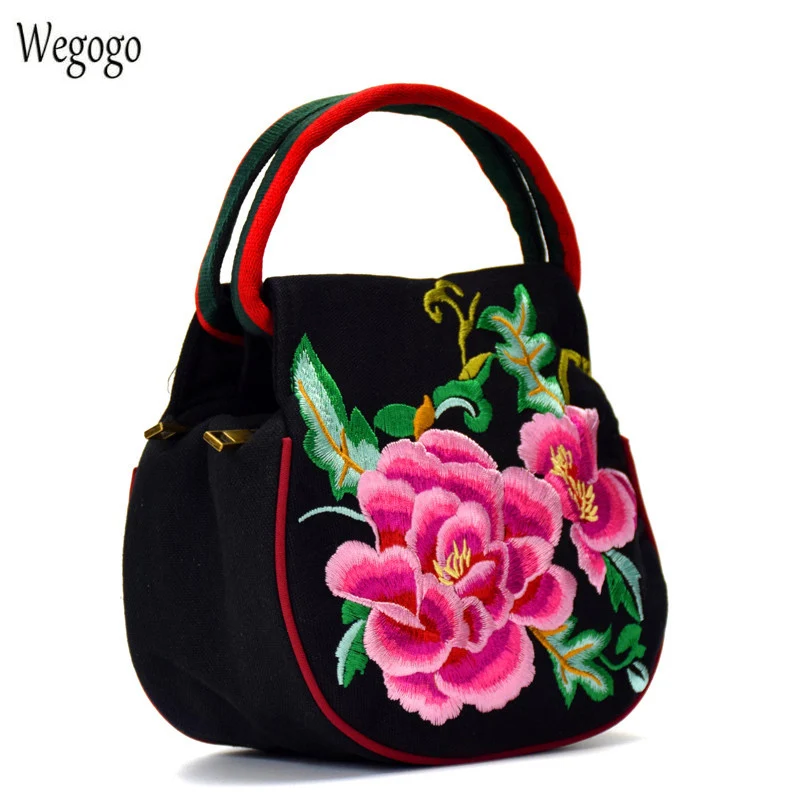 Новая женская сумка, сумка с вышивкой, национальные сумки с цветочной вышивкой, Дамская Черная Дорожная сумка с двойной молнией, женские маленькие сумки