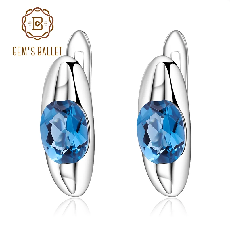 

GEM'S BALLET 1.57Ct Natural London Blue Topaz Simple Stud Earrings Genuine 925 Sterling Silver Brand Earrings Women Fine Jewelry