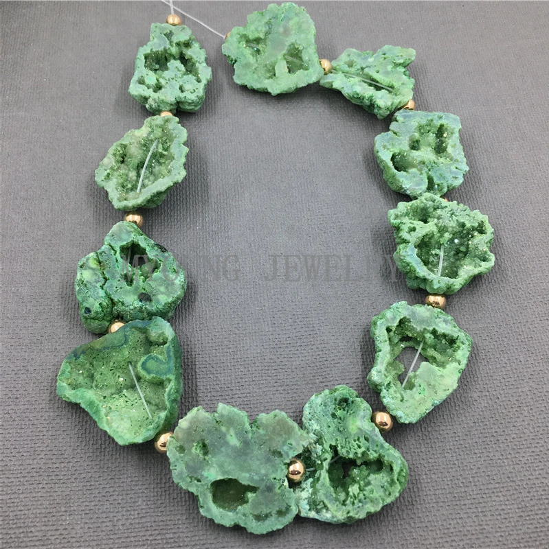 MY1001 Freeform Green Titanium Agates Druzy Geode Beads,15.5 Inch Full Strand Flat Slab Beads (1)