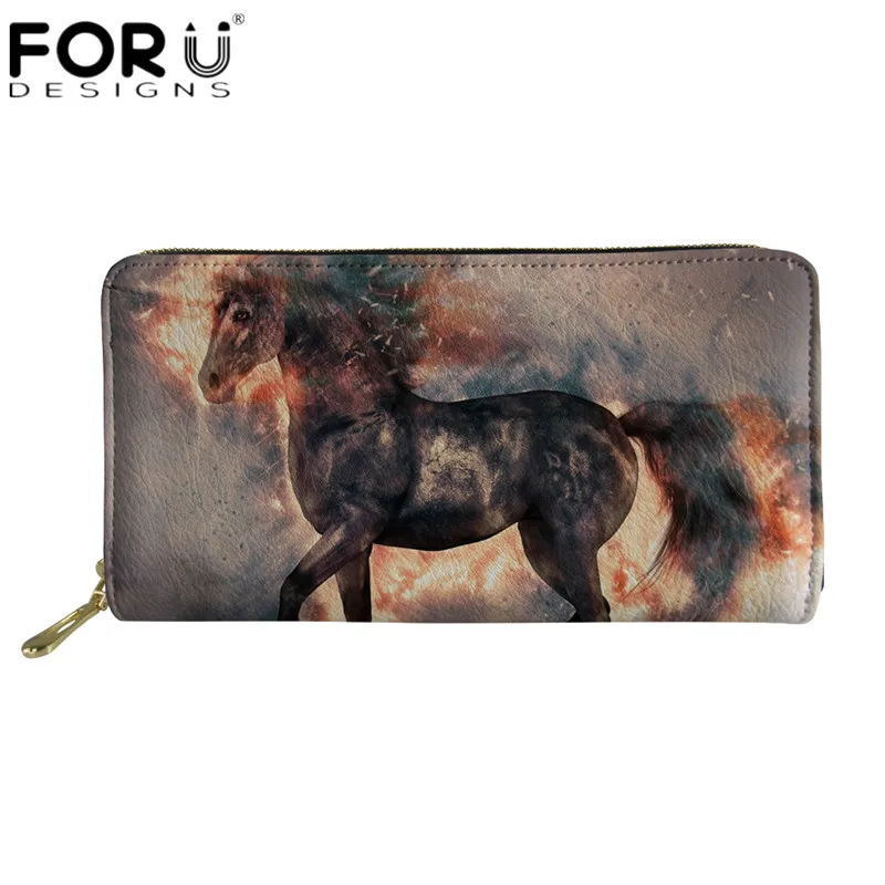 Kopen FORUDESIGNS Crazy Horse 3D Patroon Portemonnee voor Vrouwen Mannen Cool Animal Lange Lederen Portefeuilles Dames Luxe PU Portemonnee Reizen Geld tas