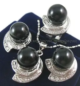 

10mm Black Rich Agate Earrings Ring & Necklace Pendant Set **18K gold plated watch wholesale Quartz stone CZ crystal (C0322)