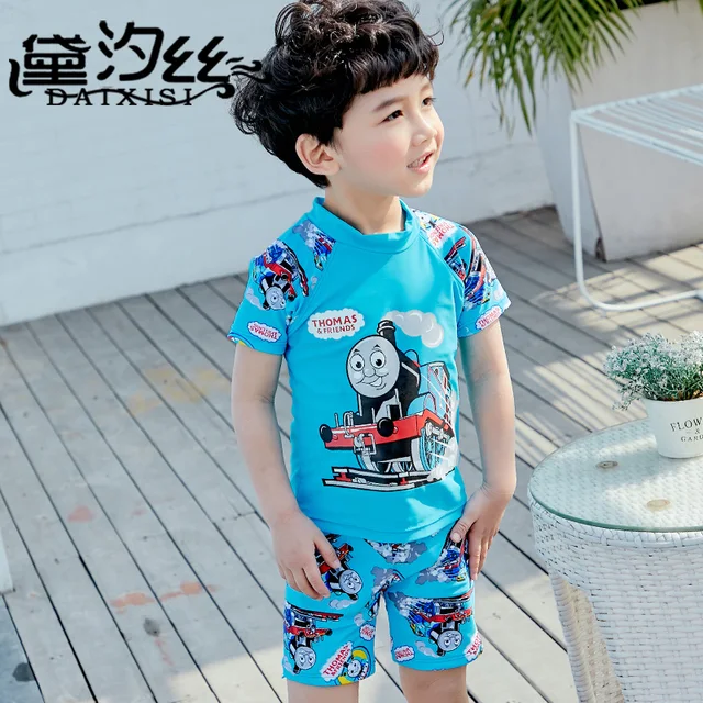 Cheap Boys Two Pieces Swimsuit Children's Swimwear Boy High Neck Half Sleeve Surfing suit Sport Prevent bask Bathing Suit Boxer Shorts