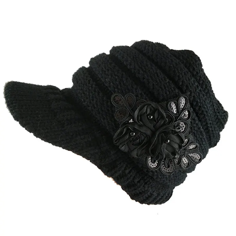 Женская зимняя вязаная шапка с полями потрепанная шифоновая Роза теплая полосатая кепка газетчика черно-белая