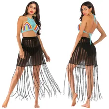 Женская Летняя Сексуальная черная пляжная юбка с высокой талией и вырезами Мини-юбка в полоску с кисточками пляжная одежда Bohemiana
