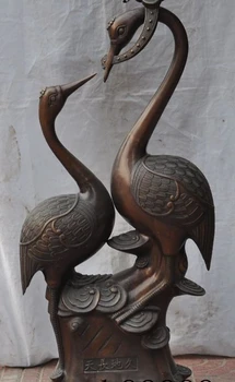 

34"chinese folk bronze ruyi Crane Hok bird Lovers Ganoderma auspicious statue