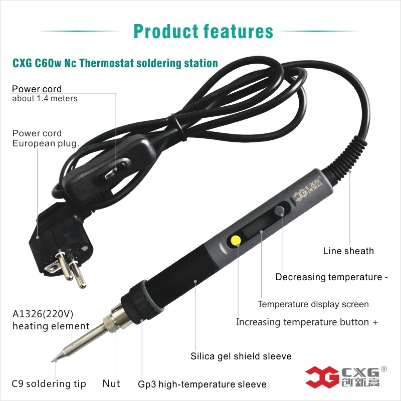 Electric Soldering iron 60W CXG LCD Adjustable Temperature EU plug Welding Solder Station Heat Pencil 2pcs Tips (10)