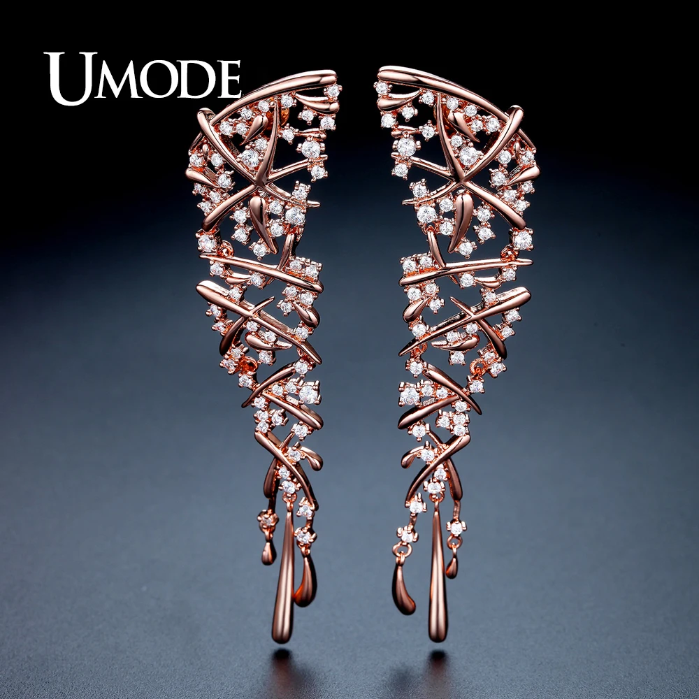 

UMODE New Design Fashion Brand Statement Charm Flower Long Drop Earrings for Women Rose Gold Color Pendientes Mujer Moda AUE0317