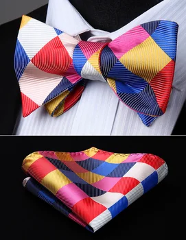 

Men Woven Party Wedding White Red Pink Check Plaid Self Bow Tie Pocket Square Set#BC815KS Bow Tie handkerchief set